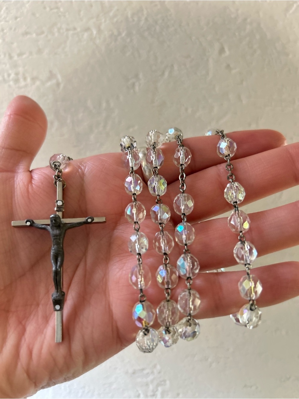 Vintage Crystal Ab Rosary Necklace with Silver Crucifix